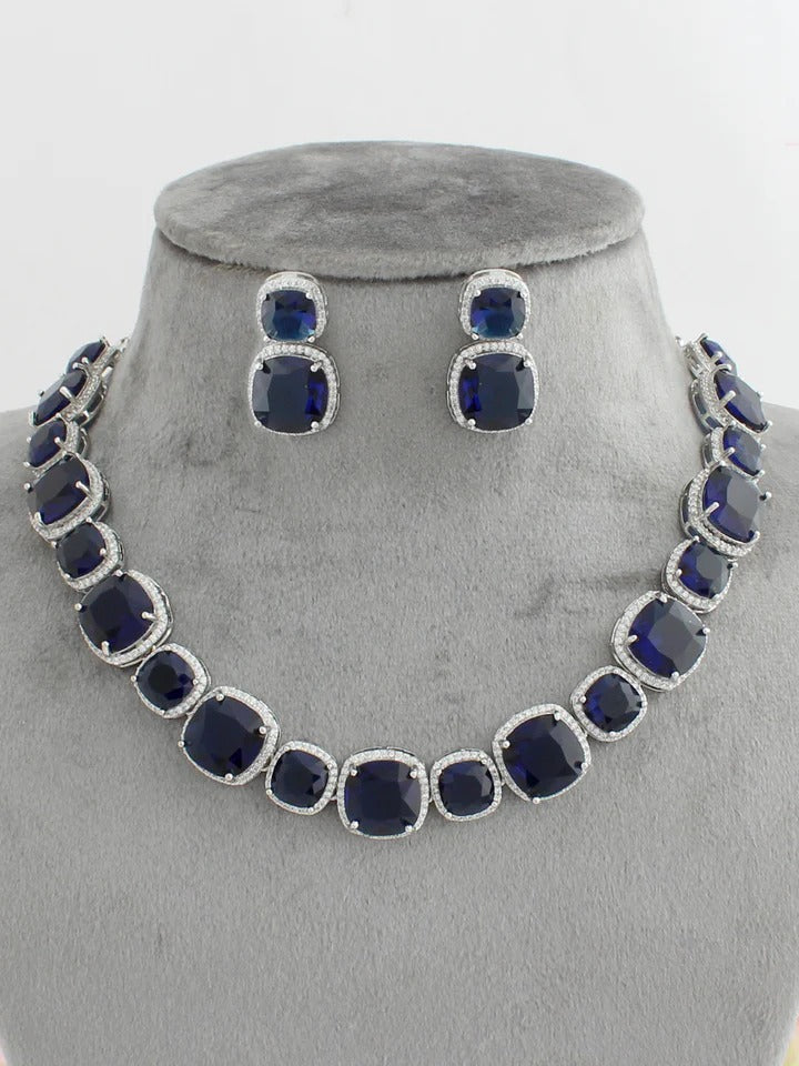 "Blue Sapphire Sparkle: 3-Piece American Diamond Jewelry Set"